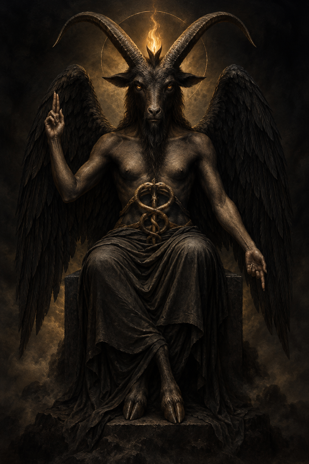 Baphomet, a horned goat-headed figure with dark wings and a flame between its horns, seated in amber light.