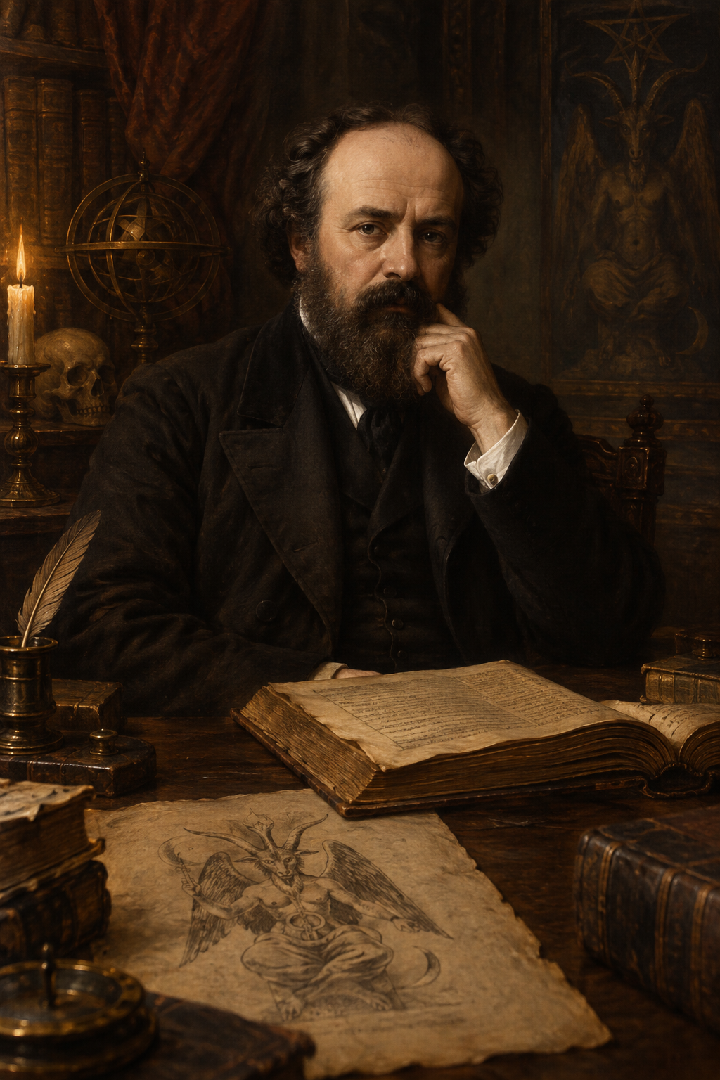 An imagined painted portrait of Éliphas Lévi at a candlelit desk, with an open book and a sketch of Baphomet.